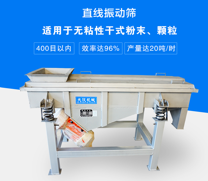 直線振動(dòng)篩適用于無粘性干式粉末、顆粒，產(chǎn)量達(dá)20噸/時(shí)